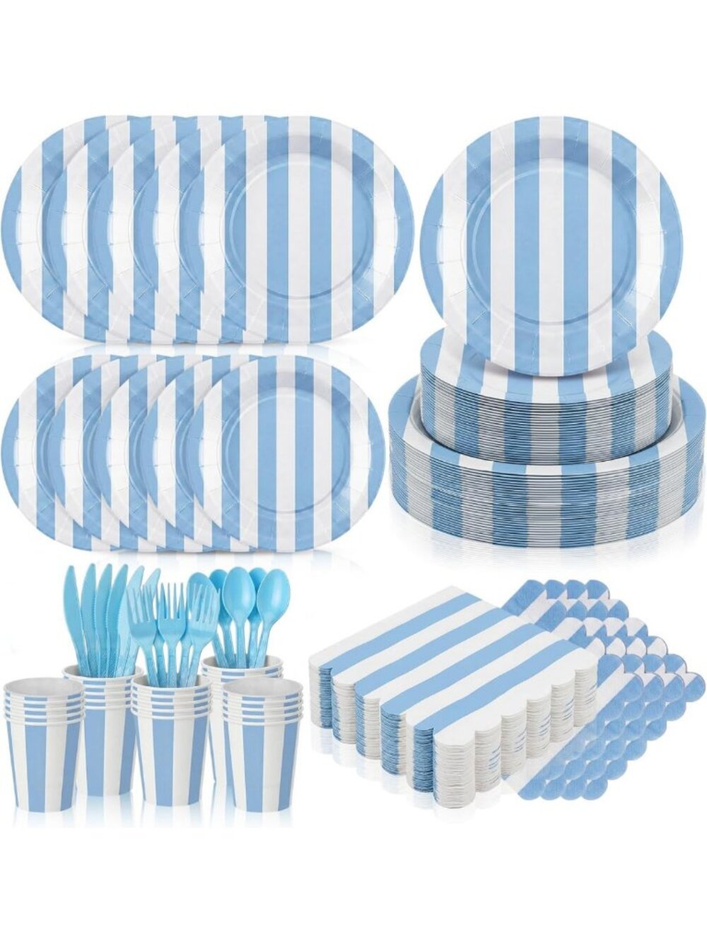 350 Pcs Light Blue & White Striped Party Supplies - Tableware Set for 50 Guests